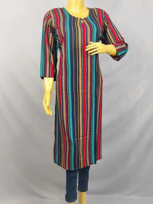 Blue Lined Kurti with Gold Print